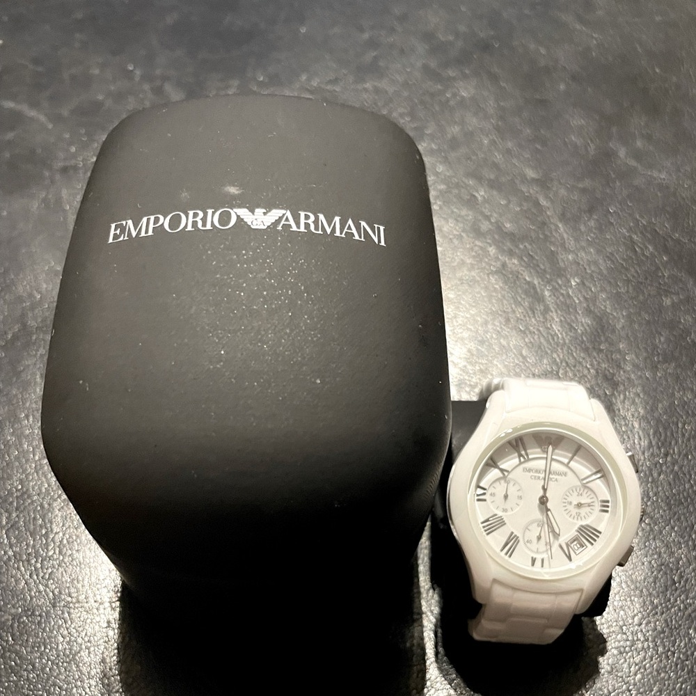 NWOT Ceramic Vintage Chronograph White Dial Watch AR1403 MRP$545 Emporio Armani